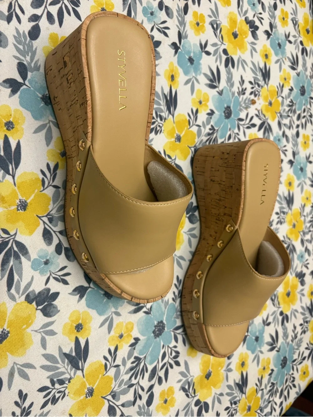 StyVella Women’s Tan Cork Wedge Slides